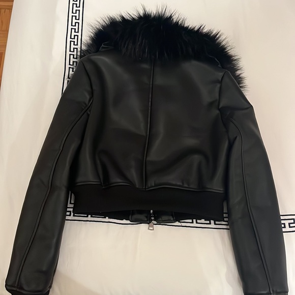 Black PU leather Cropped Bomber jacket - winter warm - Picture 4 of 4